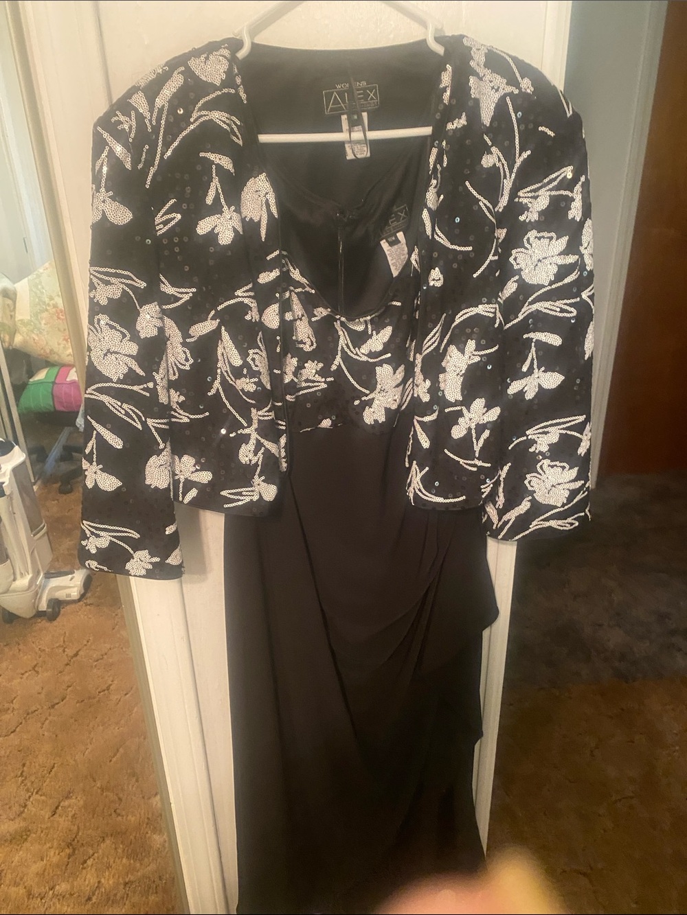 Alex Evenings Black Dress with White Floral Sequin Jacket